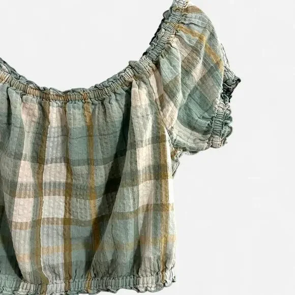 American Eagle Outfitters Green Plaid Cropped Off the Shoulder Top - Picture 5 of 9